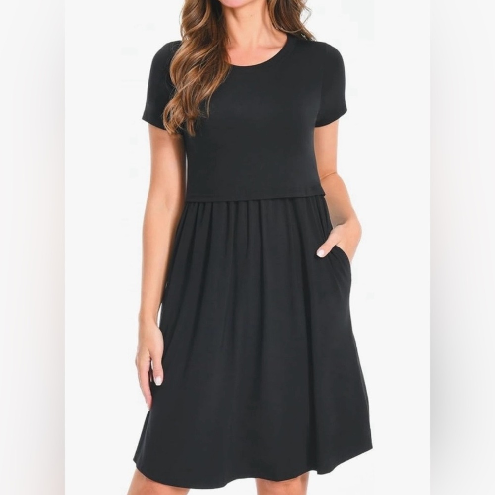 Maternity/Nursing Black Short-Sleeve Midi Dress with Pockets size Medium